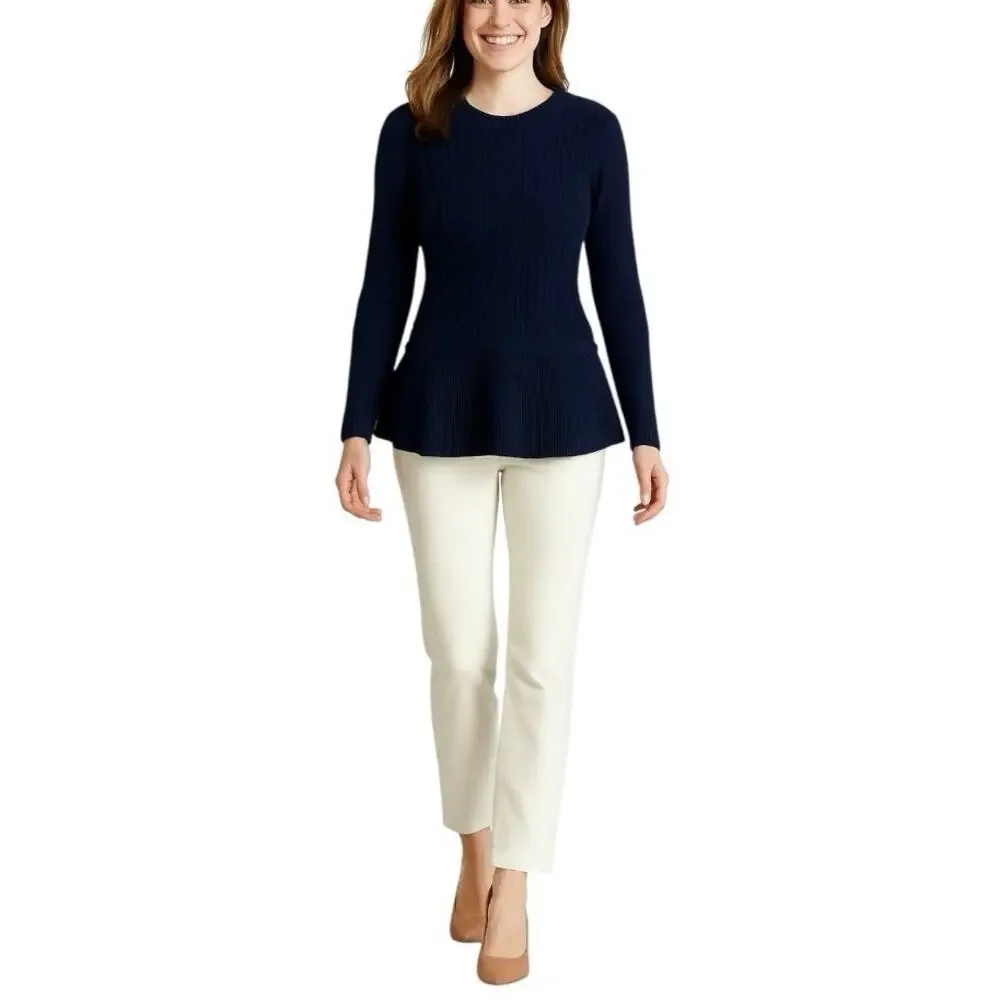 Talbots Sweater Cable Knit Crew Neck Peplum Navy Blue Women’s Size Medium